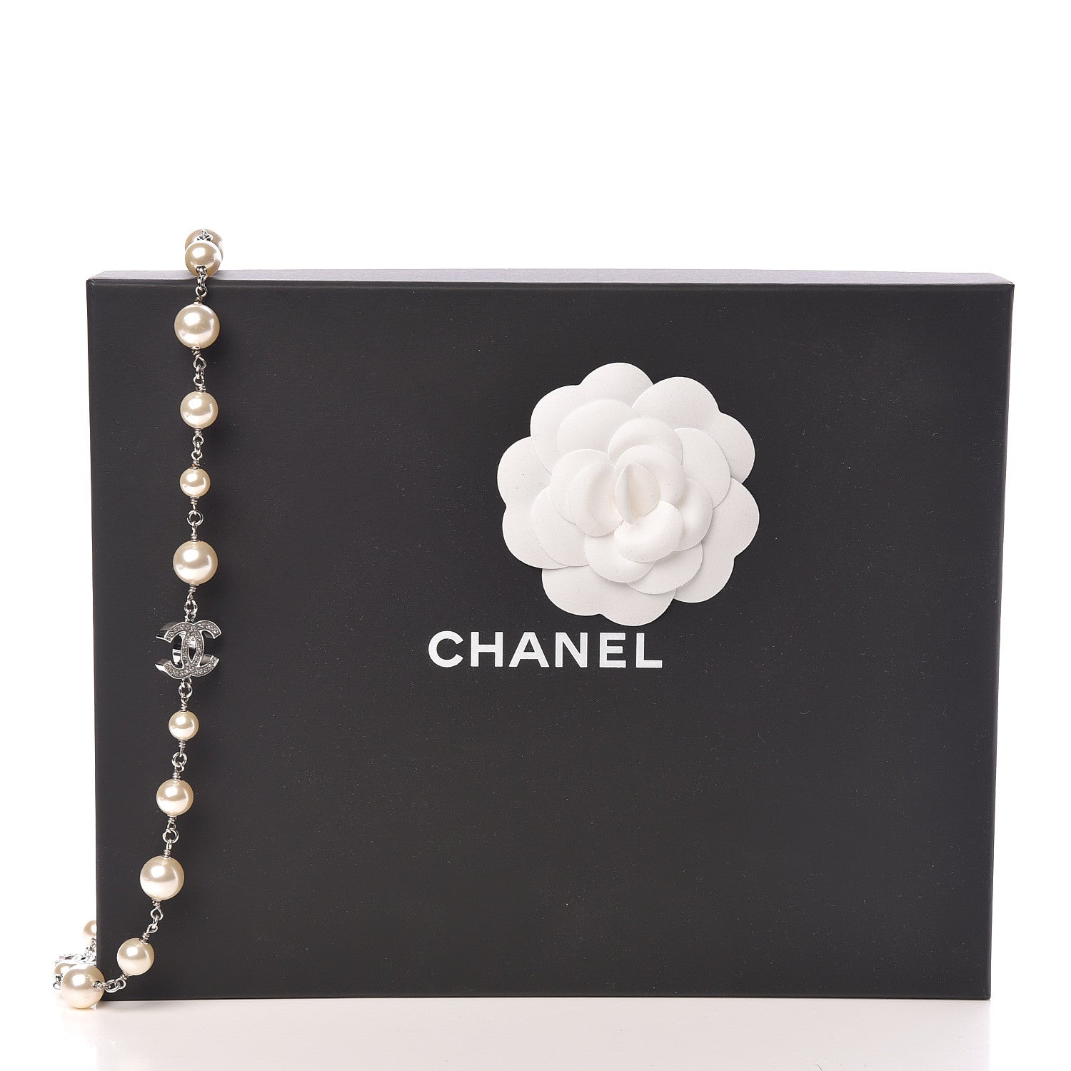 Chanel Graduated Pearl Crystal CC Long Necklace Silver Pearly White 5 of 5