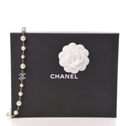 Chanel Graduated Pearl Crystal CC Long Necklace Silver Pearly White 5 of 5