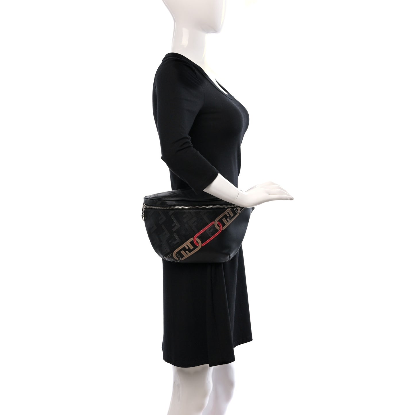 Vitello King FF Lines Embossed Lock Chain 1974 Diagonal Belt Bag Black
