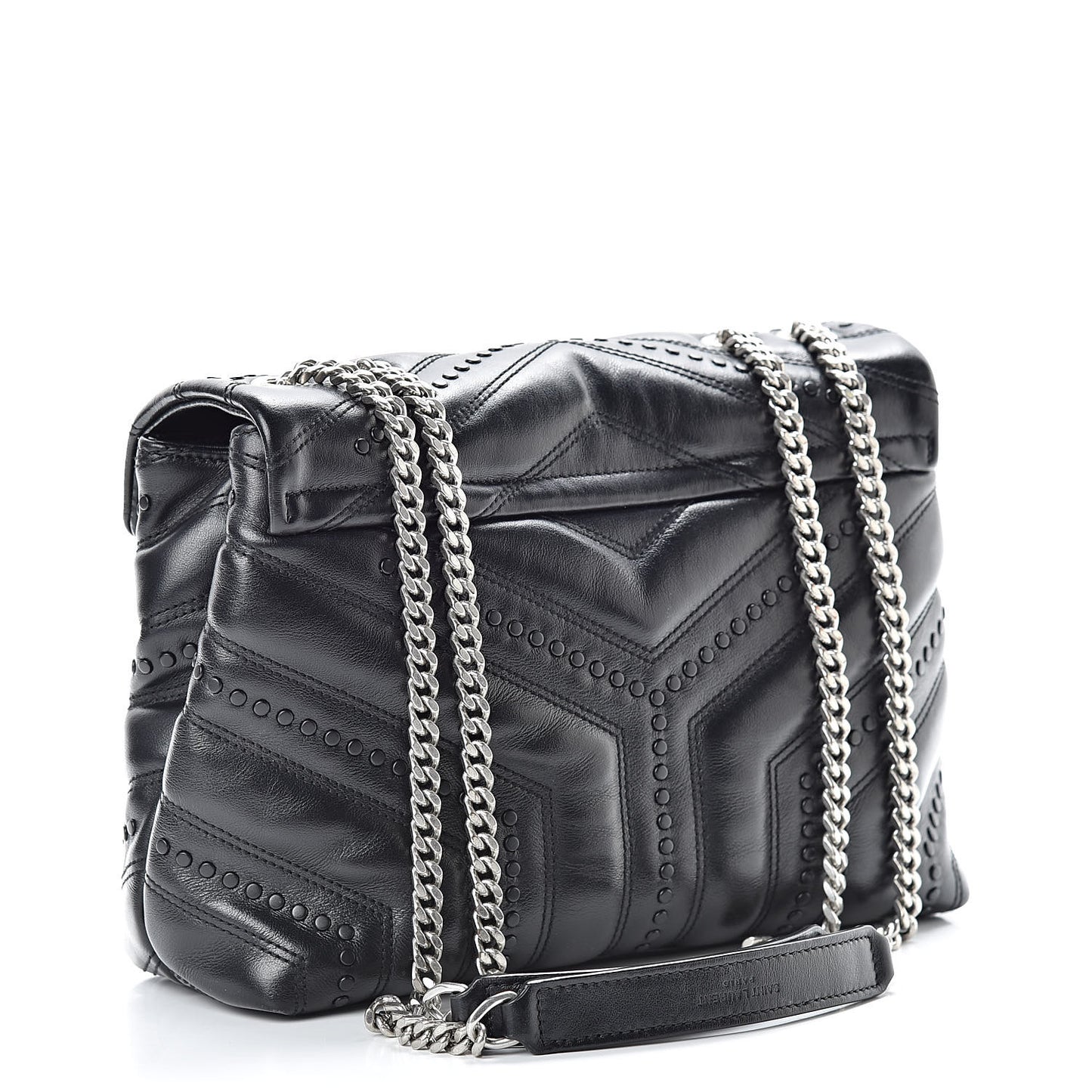Calfskin Y Quilted Studded Monogram Small Loulou Chain Satchel Black