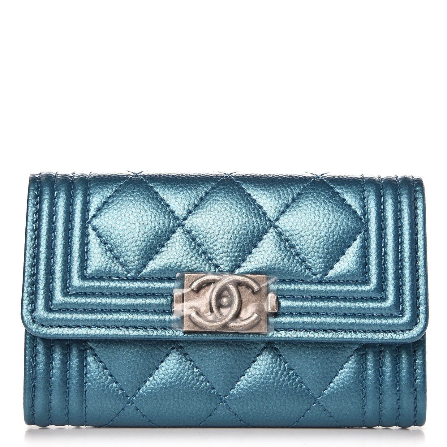 Metallic Caviar Quilted Boy Card Holder Wallet Turquoise