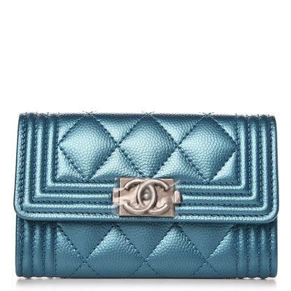 Chanel Metallic Caviar Quilted Boy Card Holder Wallet Turquoise 1 of 9