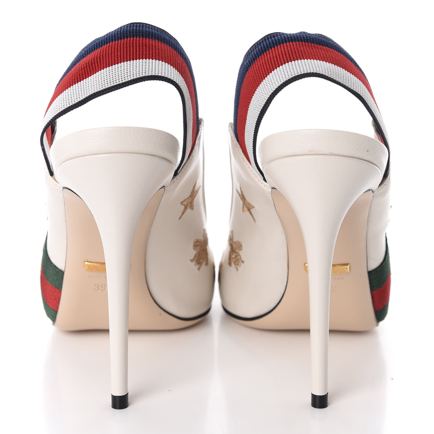 Gucci Malaga Kid Web Bee Star Embroidered Sylvie High Heel Slingback Pumps 39.5 White 5 of 10