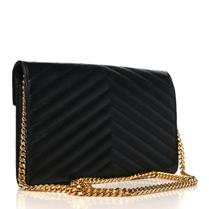 Saint Laurent Grain De Poudre Matelasse Chevron Monogram Chain Wallet Black 3 of 9