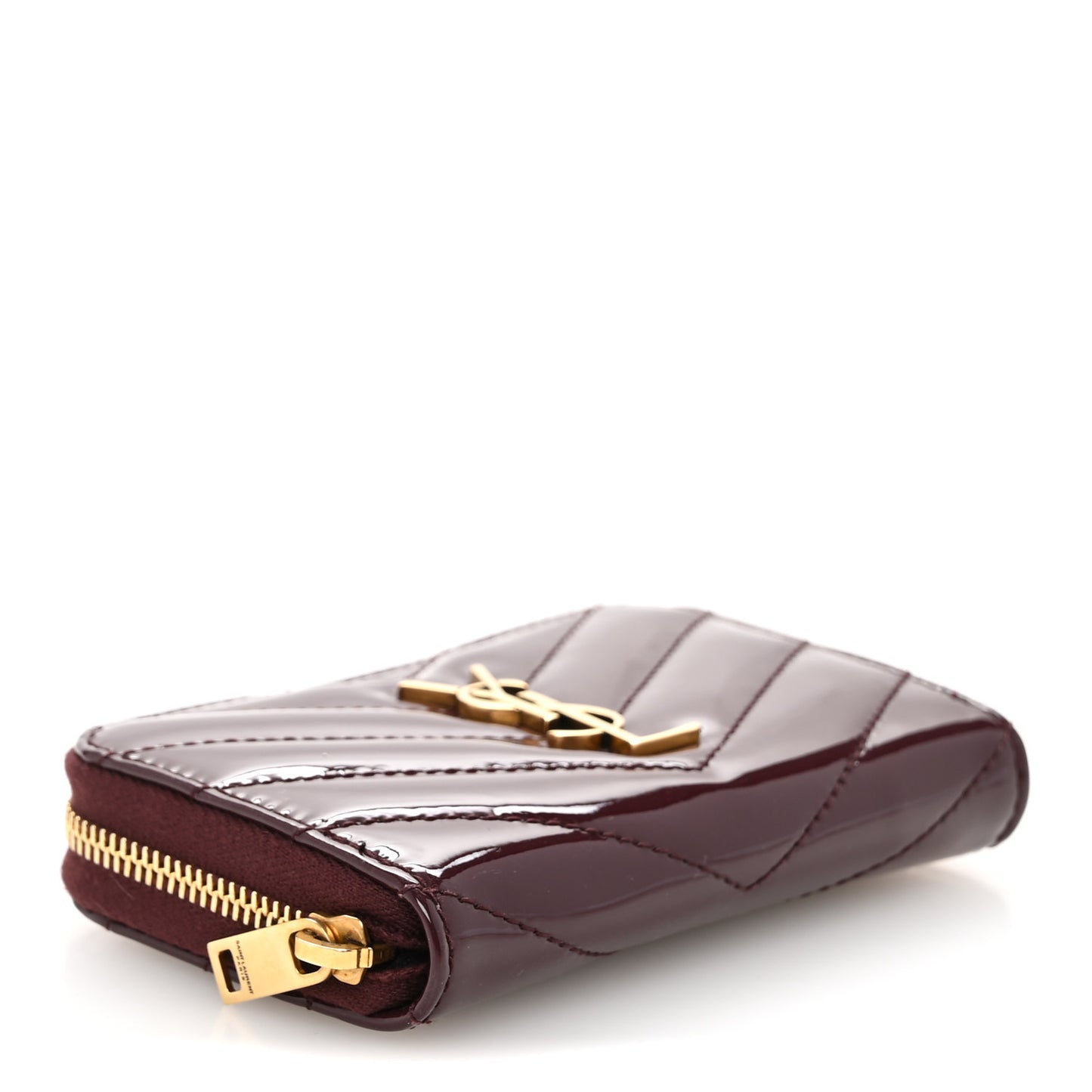 Patent Matelasse Chevron Monogram Cassandre Compact Zip Around Card Wallet Dark Red Wine