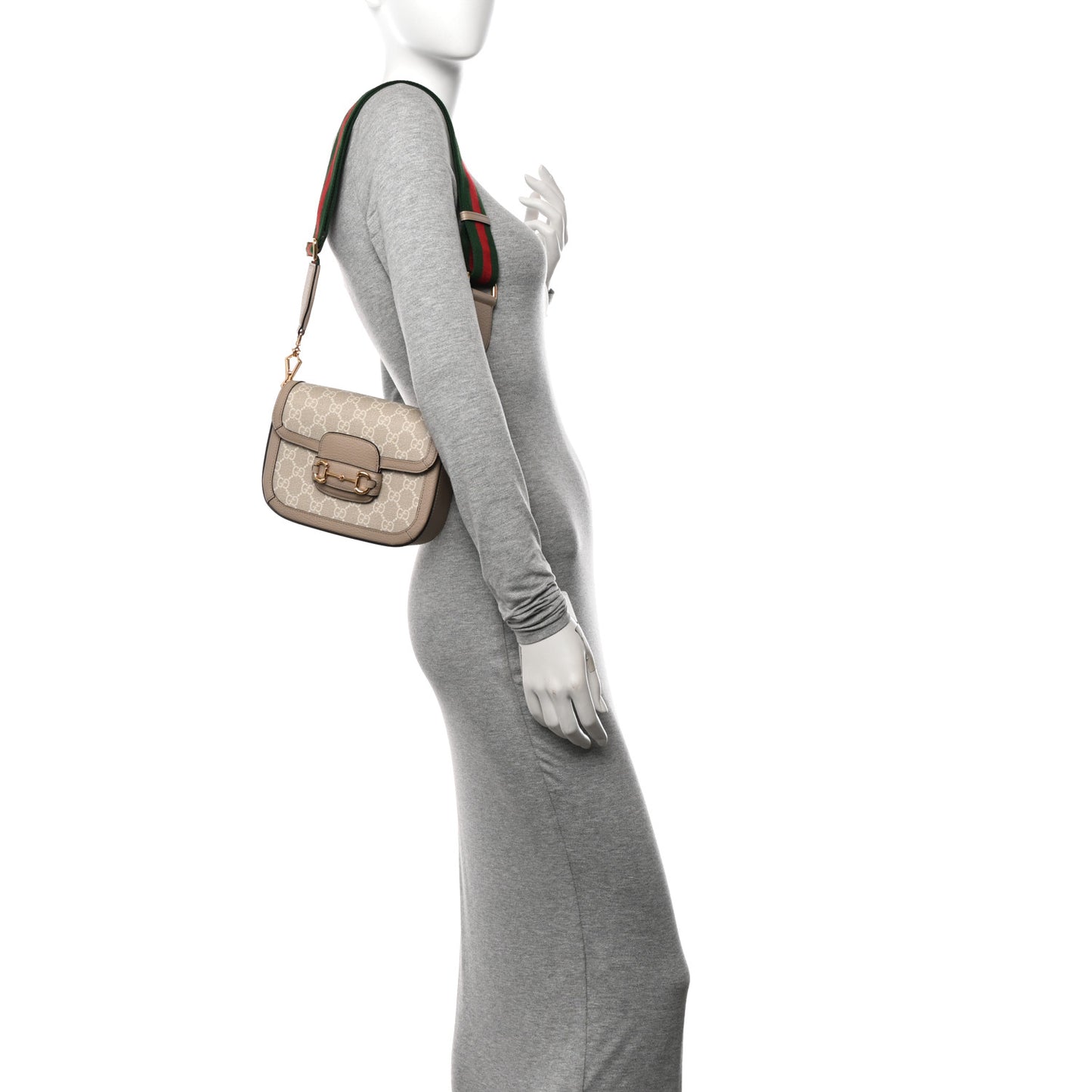 GG Supreme Monogram Textured Dollar Calfskin Web Mini Horsebit 1955 Shoulder Bag Beige Mystic White Oatmeal