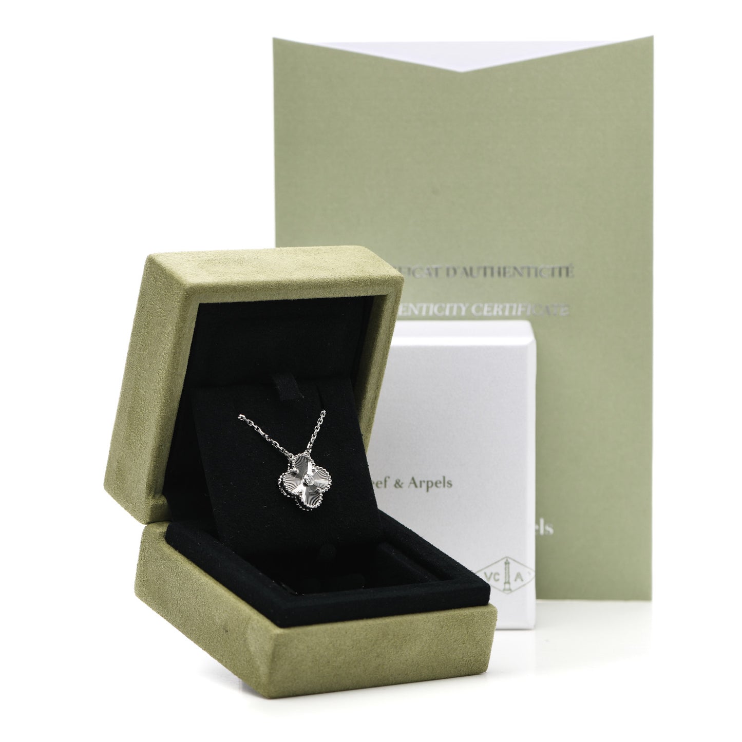 18K White Gold Diamond Guilloche Vintage Alhambra Pendant Necklace