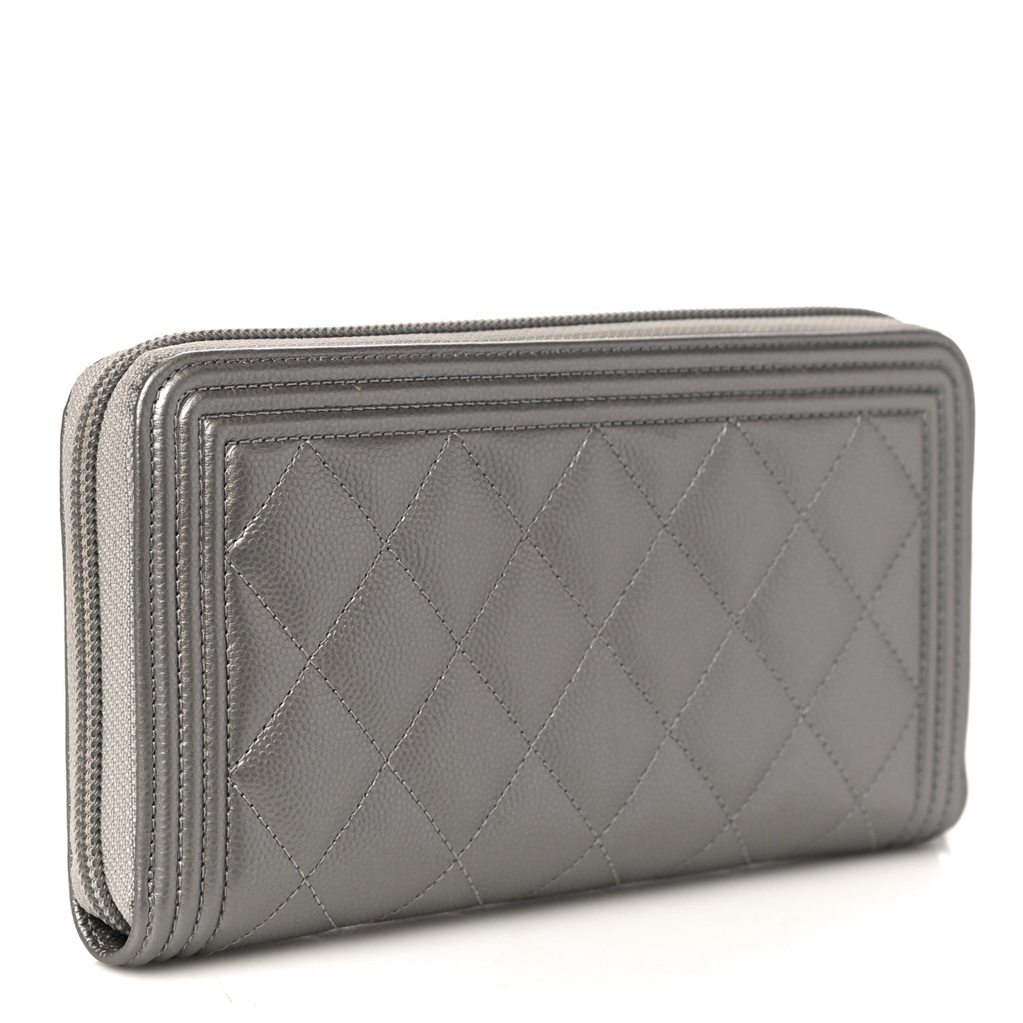 Metallic Caviar Quilted Boy Zip Around Wallet Silver