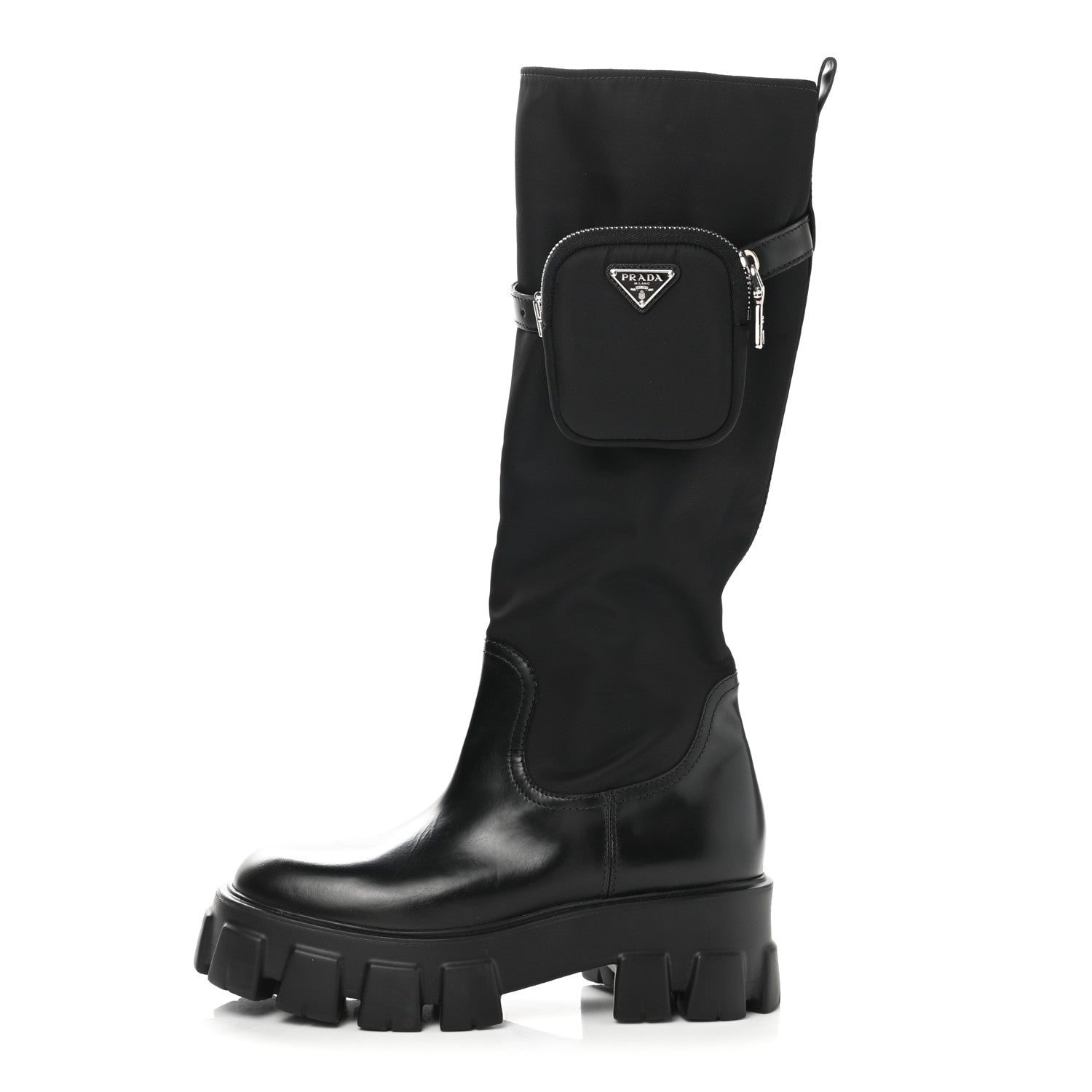 Prada Spazzolato Rois Re-Nylon Metal Triangle Logo Monolith Pouch Pocket 55mm Tall Boots 39.5 Black 1 of 8
