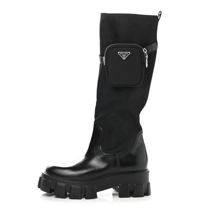 Prada Spazzolato Rois Re-Nylon Metal Triangle Logo Monolith Pouch Pocket 55mm Tall Boots 39.5 Black 1 of 8