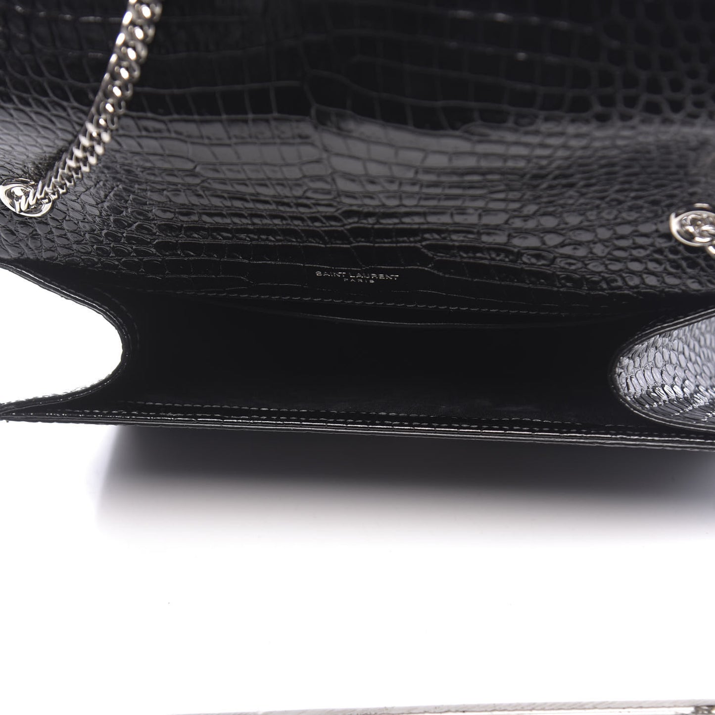 Calfskin Crocodile Embossed Medium Classic Monogram Kate Tassel Satchel Black