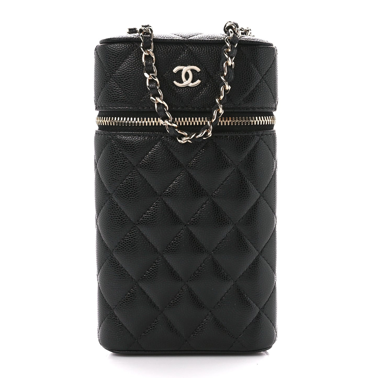 Caviar Quilted Phone Holder With Chain Black