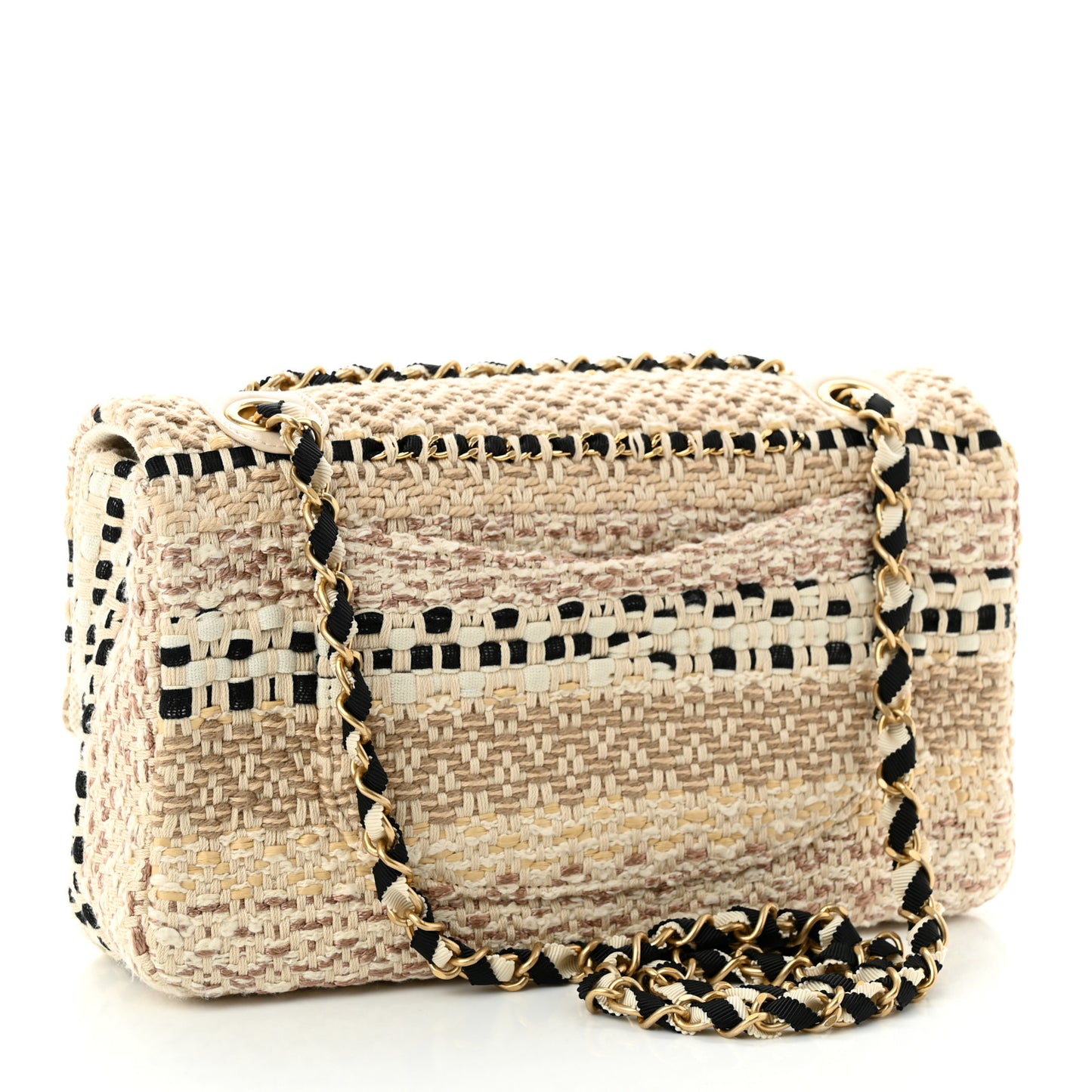Cotton Raffia Lambskin Woven Medium Single Flap Beige Black