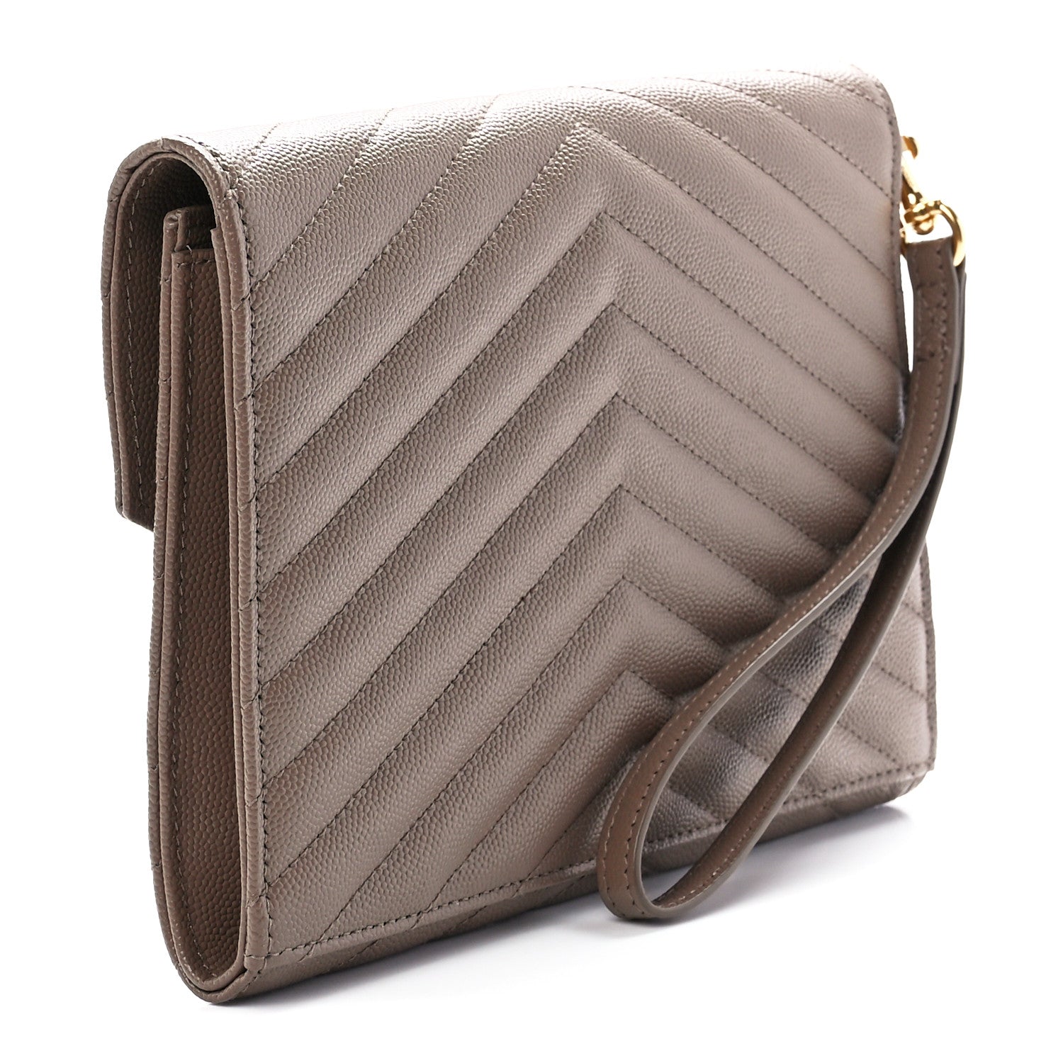 Saint Laurent Grain De Poudre Matelasse Chevron Monogram Envelope Clutch Dark Beige 3 of 11