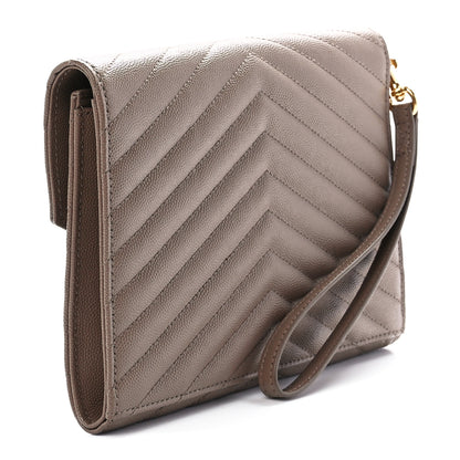 Saint Laurent Grain De Poudre Matelasse Chevron Monogram Envelope Clutch Dark Beige 3 of 11