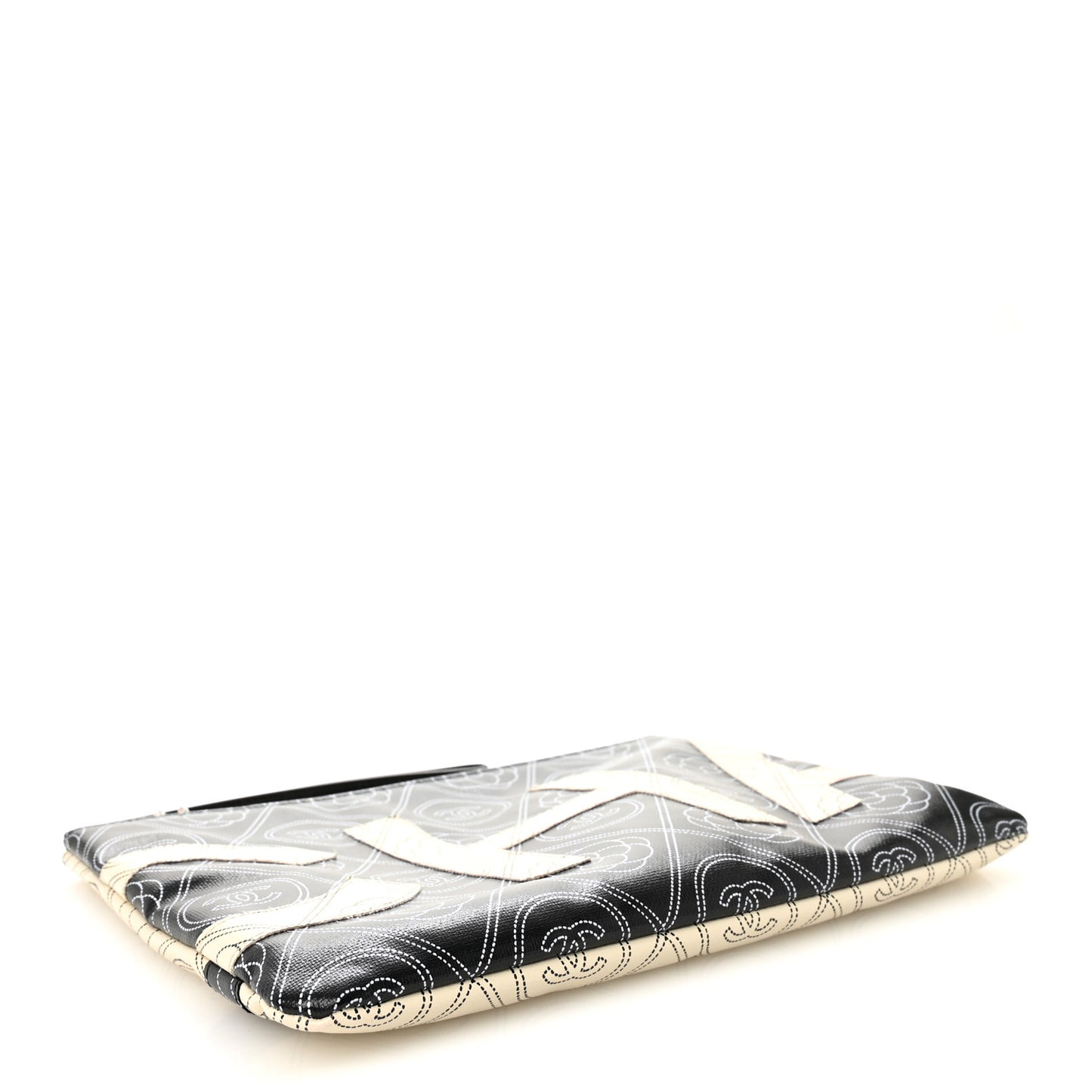 Coated Canvas Calfskin Camellia Printed Pouch Black Beige