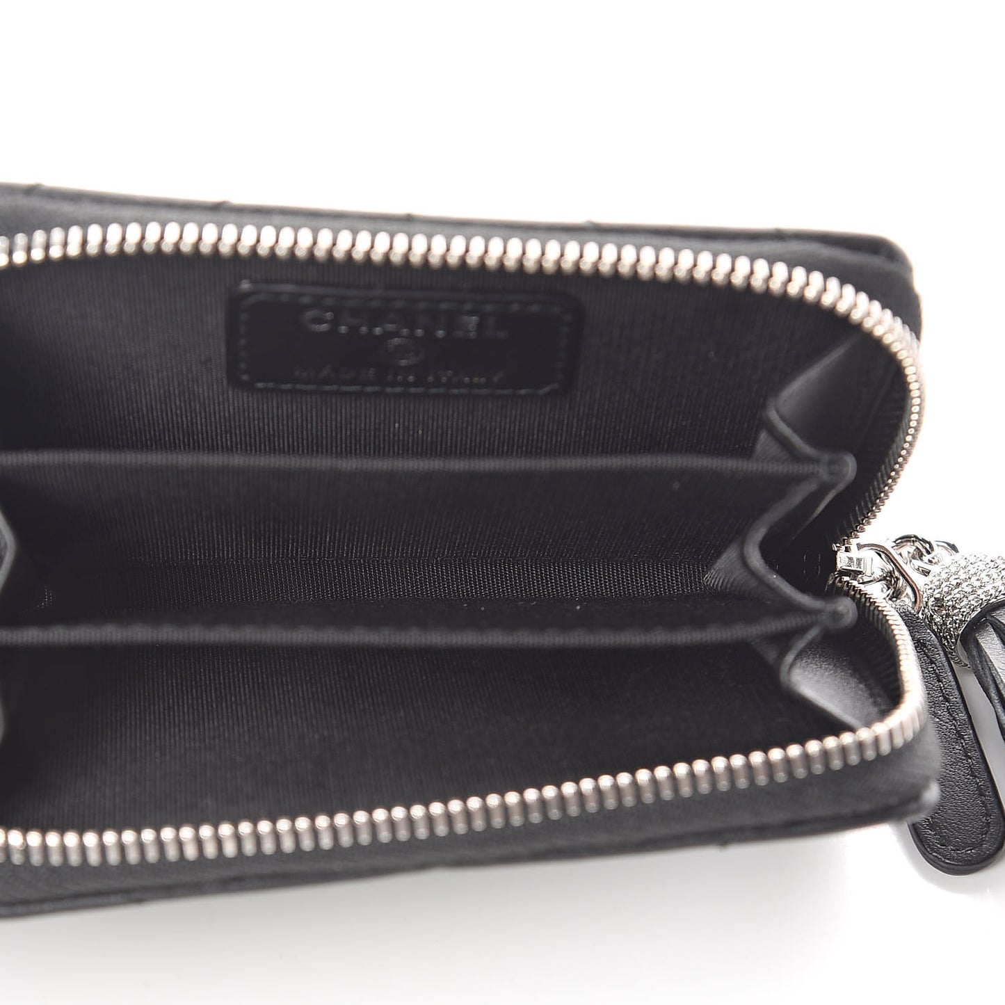 Calfskin Chevron Quilted Tassel Zip Around Coin Purse Black