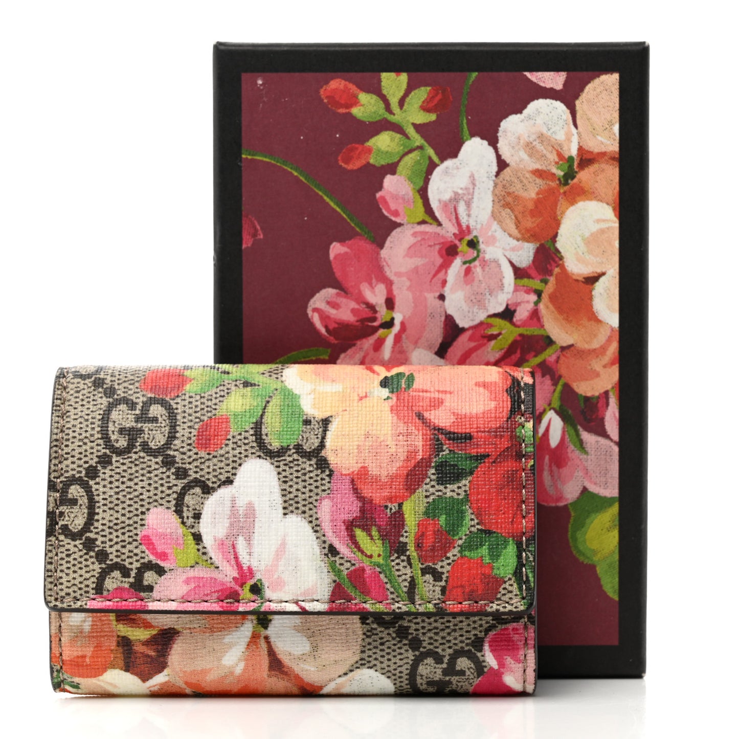 GG Supreme Monogram Blooms 6 Key Holder Case Beige Multicolor Dry Rose