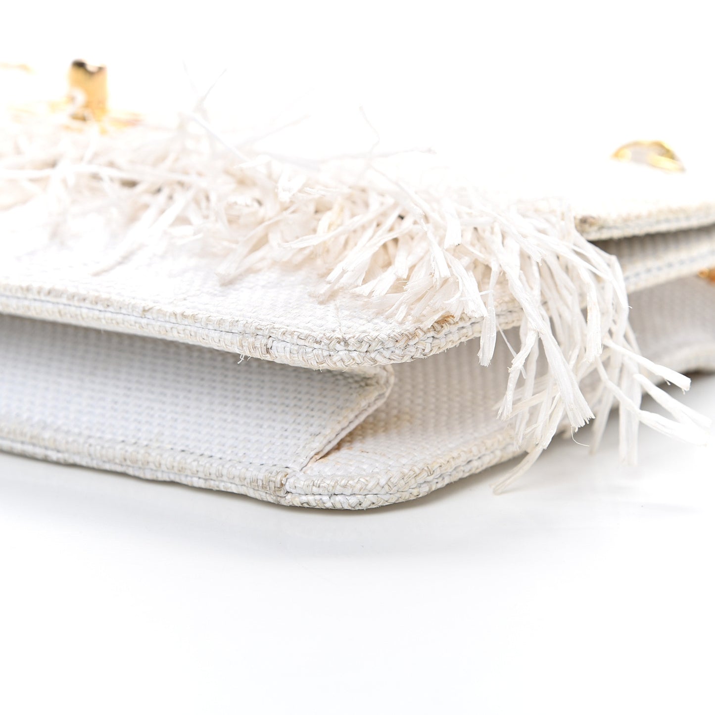 Woven Raffia Quilted CC Fringe Flap White