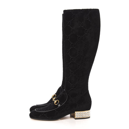 Gucci Velvet GG Monogram Crystal Horsebit Knee High Boots 36 Black 4 of 8