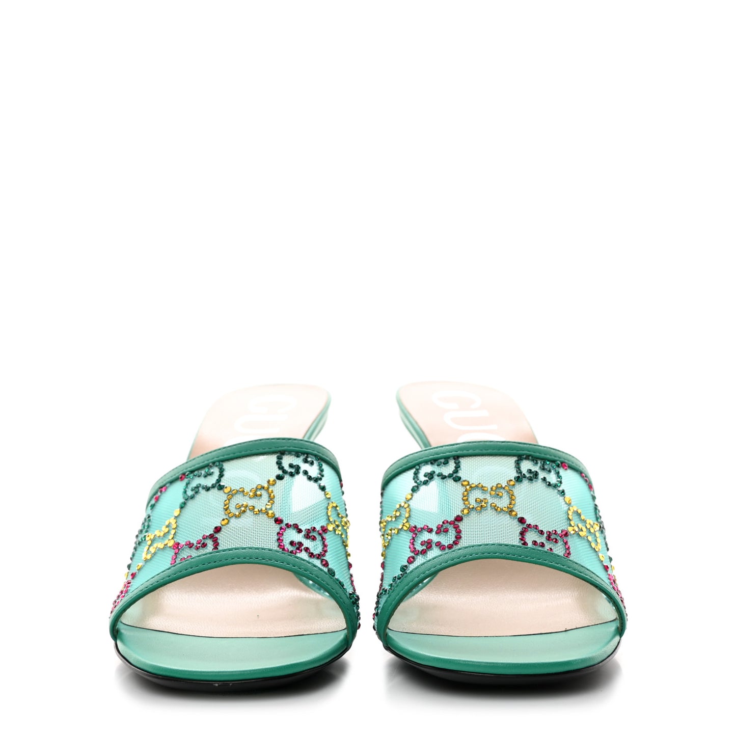 Tela Retino Nappa Crystal GG Monogram Square G 95mm Slide Sandals 37 Turquoise