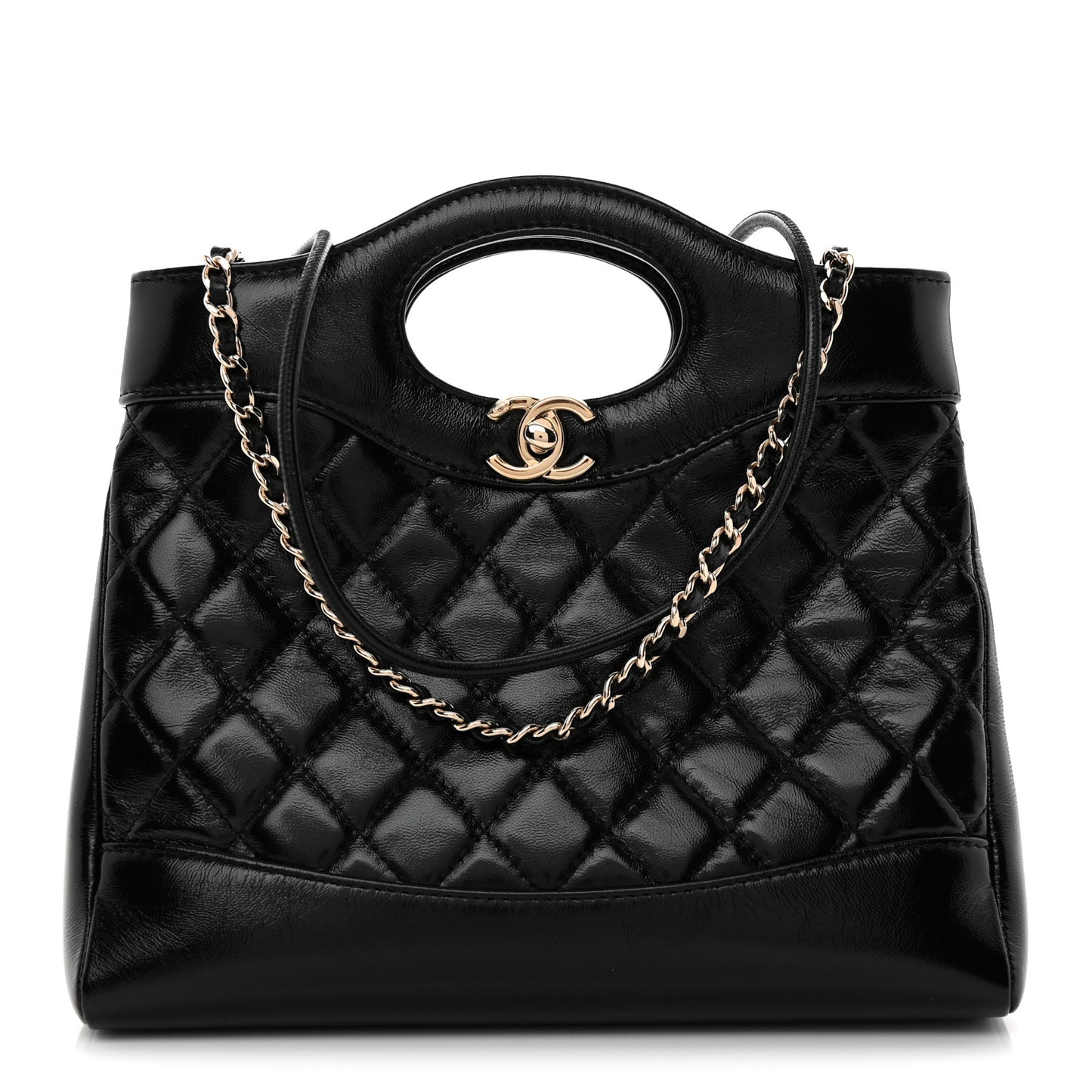 Shiny Lambskin Quilted Mini 31 Shopping Bag Black