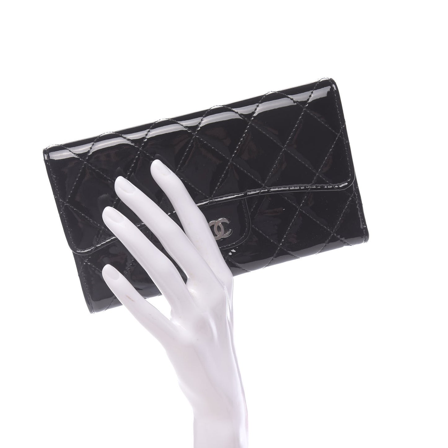 Patent Quilted Large Flap Wallet Black