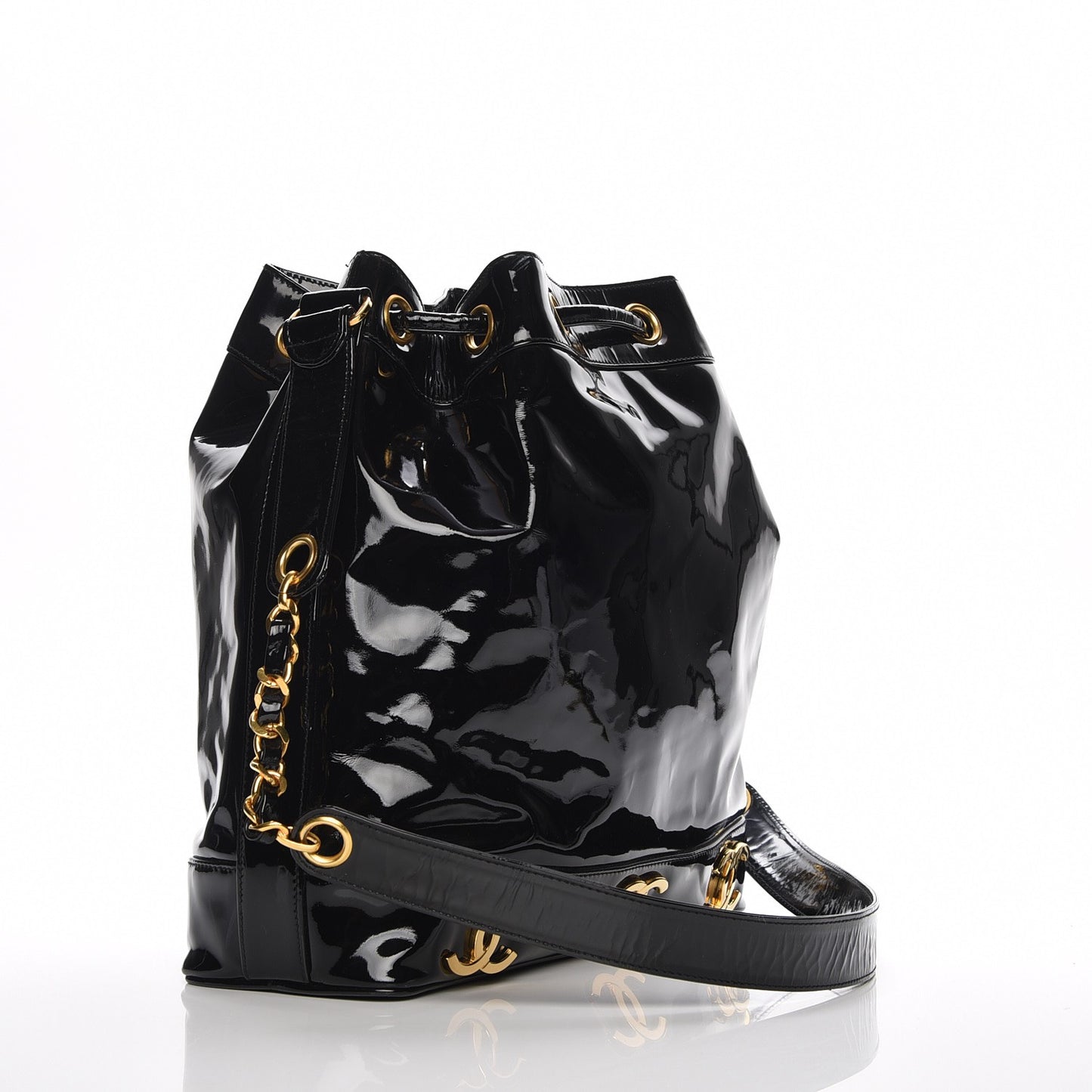 Patent CC Drawstring Shoulder Bag Black