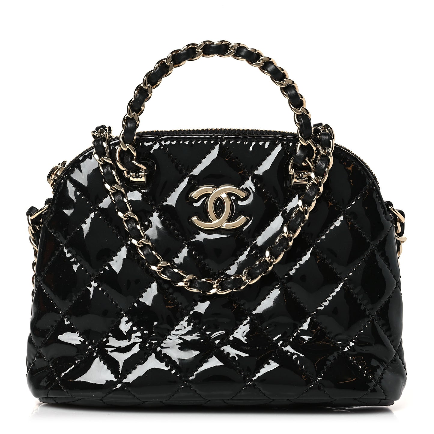 Patent Calfskin Quilted Shiny Coco Clutch With Chain Black