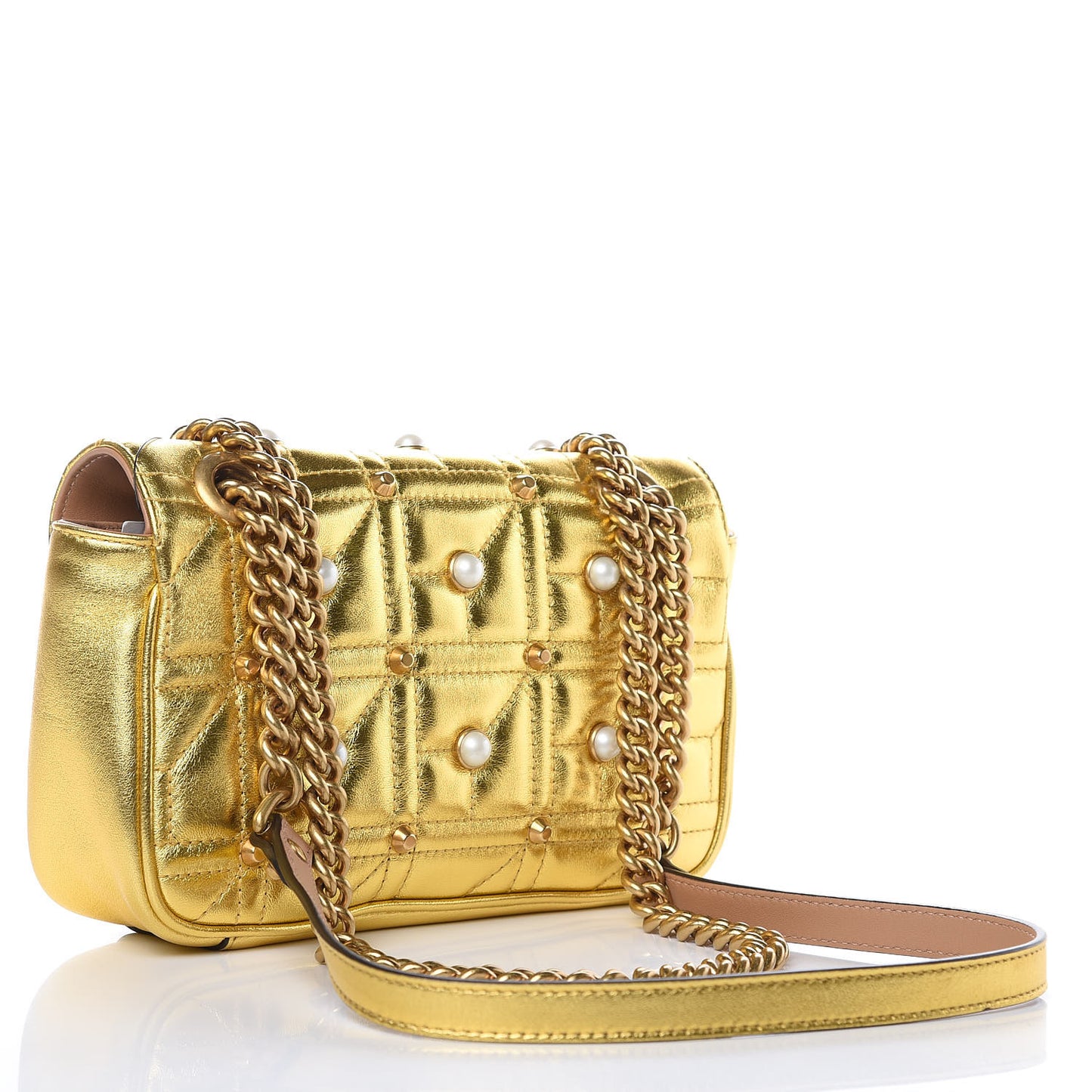 Metallic Calfskin Matelasse Studded Mini Pearly GG Marmont Shoulder Bag Gold