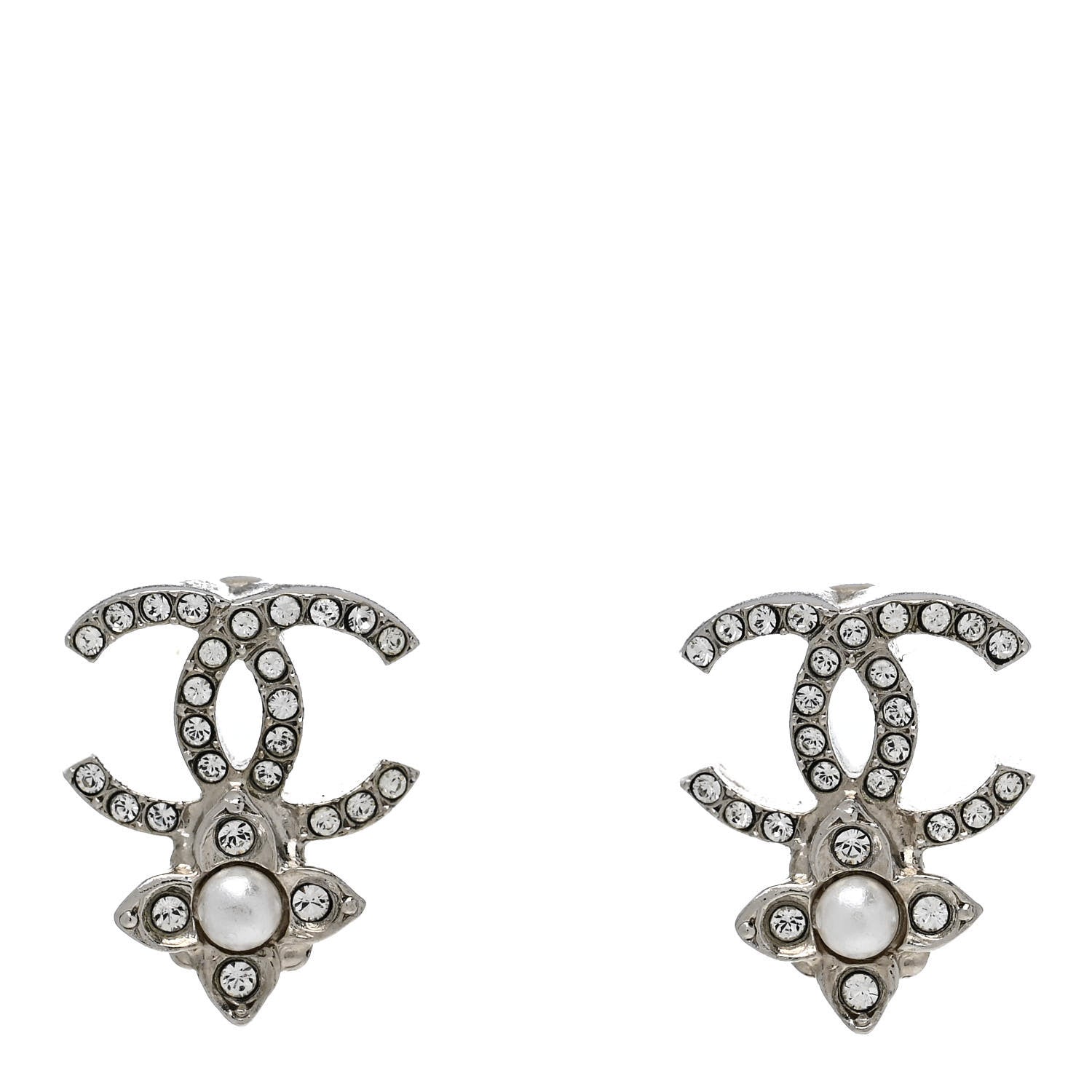 Chanel Crystal Pearl Flower CC Earrings Silver 1 of 4