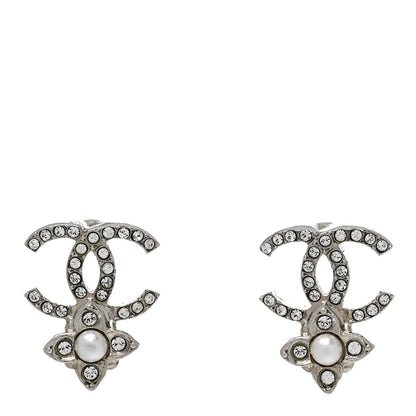 Chanel Crystal Pearl Flower CC Earrings Silver 1 of 4