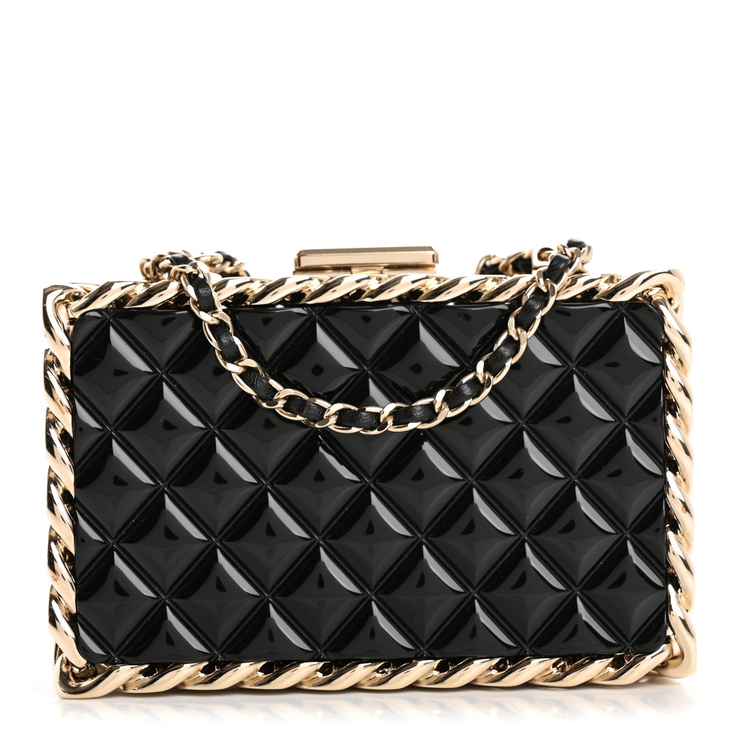 Plexiglass Quilted Chain Around Minaudiere Clutch Black