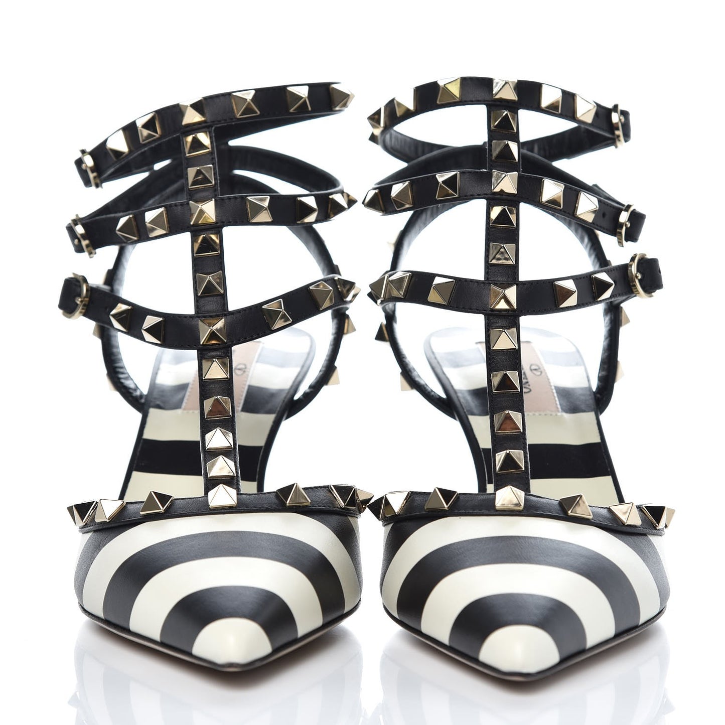 Calfskin Striped Rockstud Ankle Strap 65mm Pumps 38 Light Ivory Black