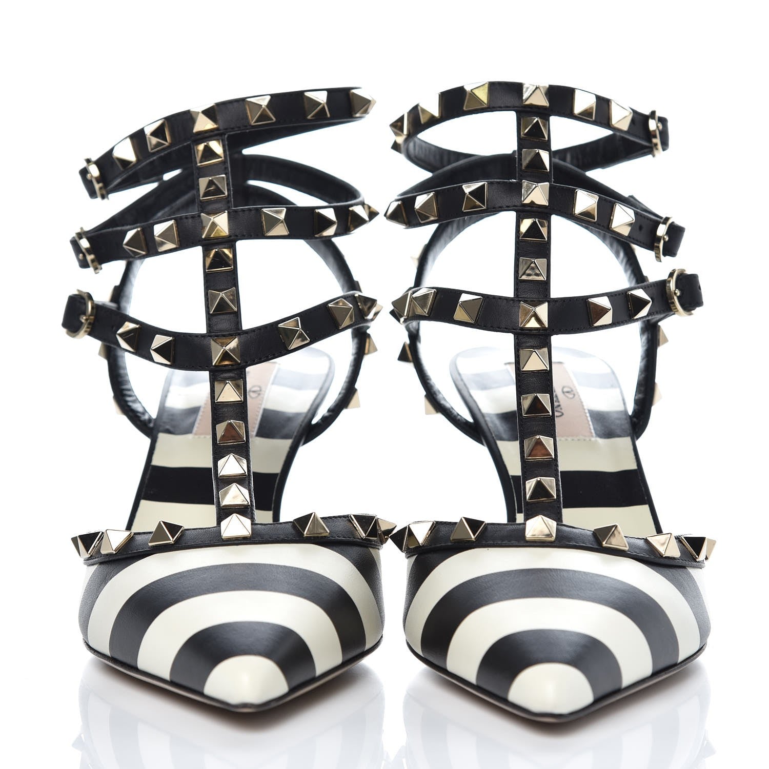 Valentino Garavani Calfskin Striped Rockstud Ankle Strap 65mm Pumps 38 Light Ivory Black 2 of 9
