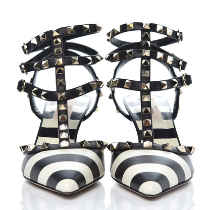 Valentino Garavani Calfskin Striped Rockstud Ankle Strap 65mm Pumps 38 Light Ivory Black 2 of 9