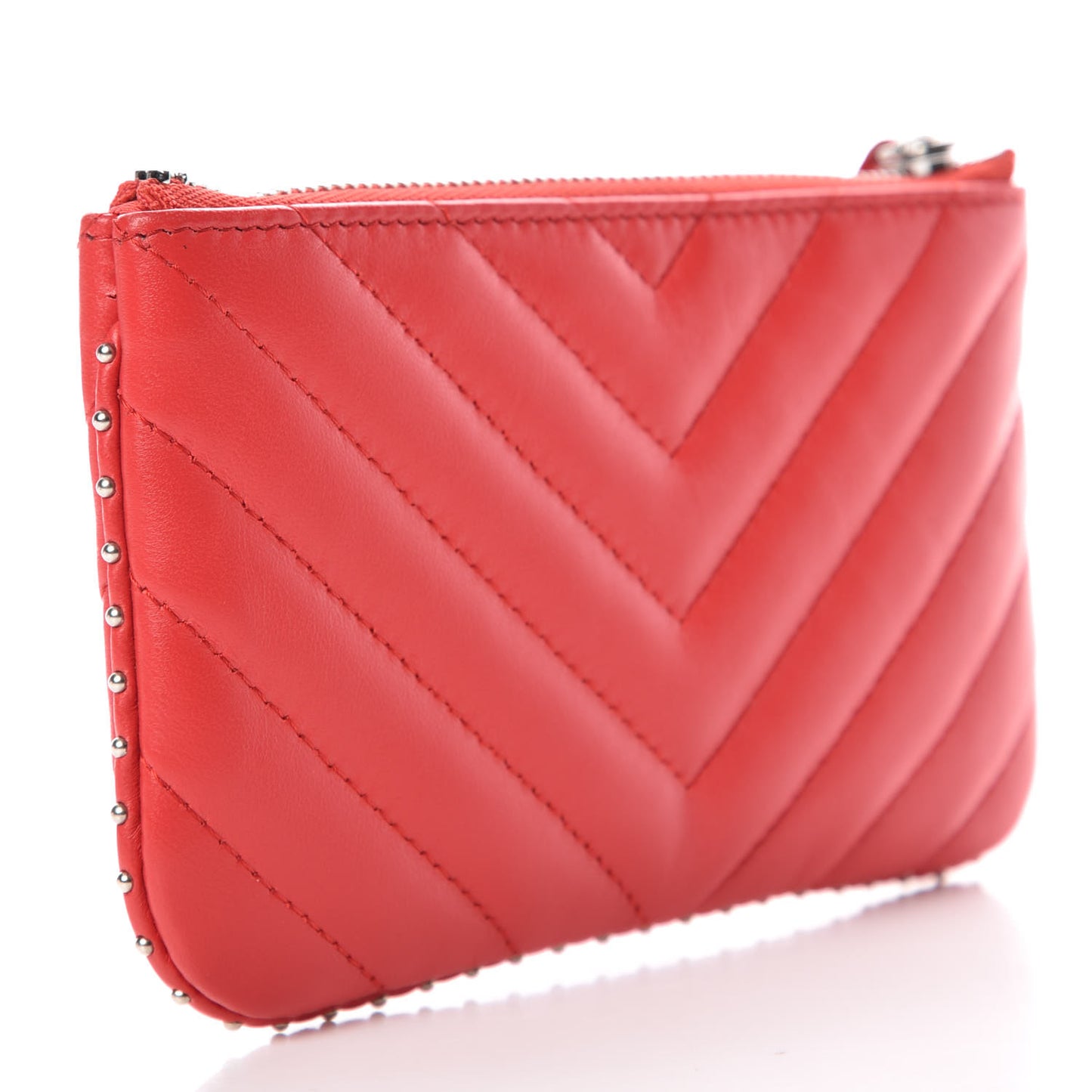 Lambskin Chevron Quilted Studded Small Cosmetic Case Red