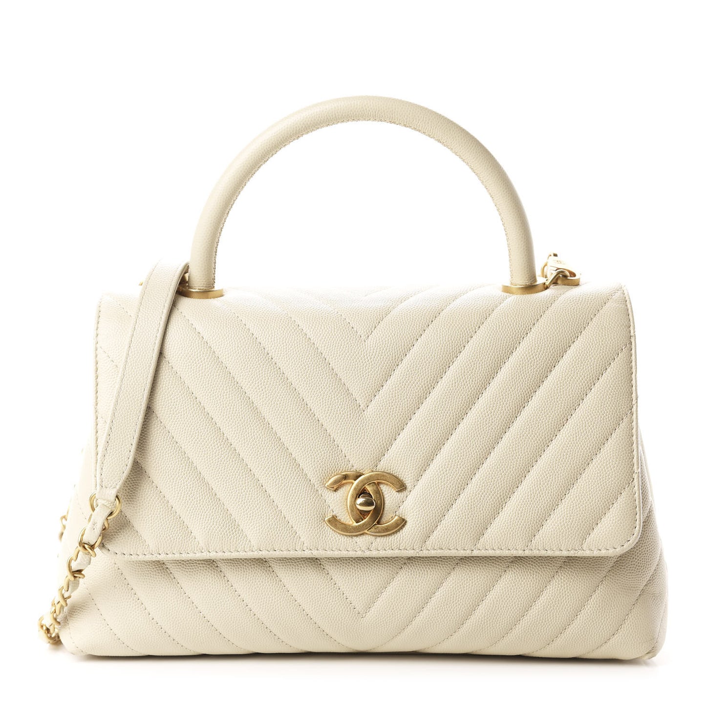 Caviar Chevron Quilted Small Coco Handle Flap Light Beige