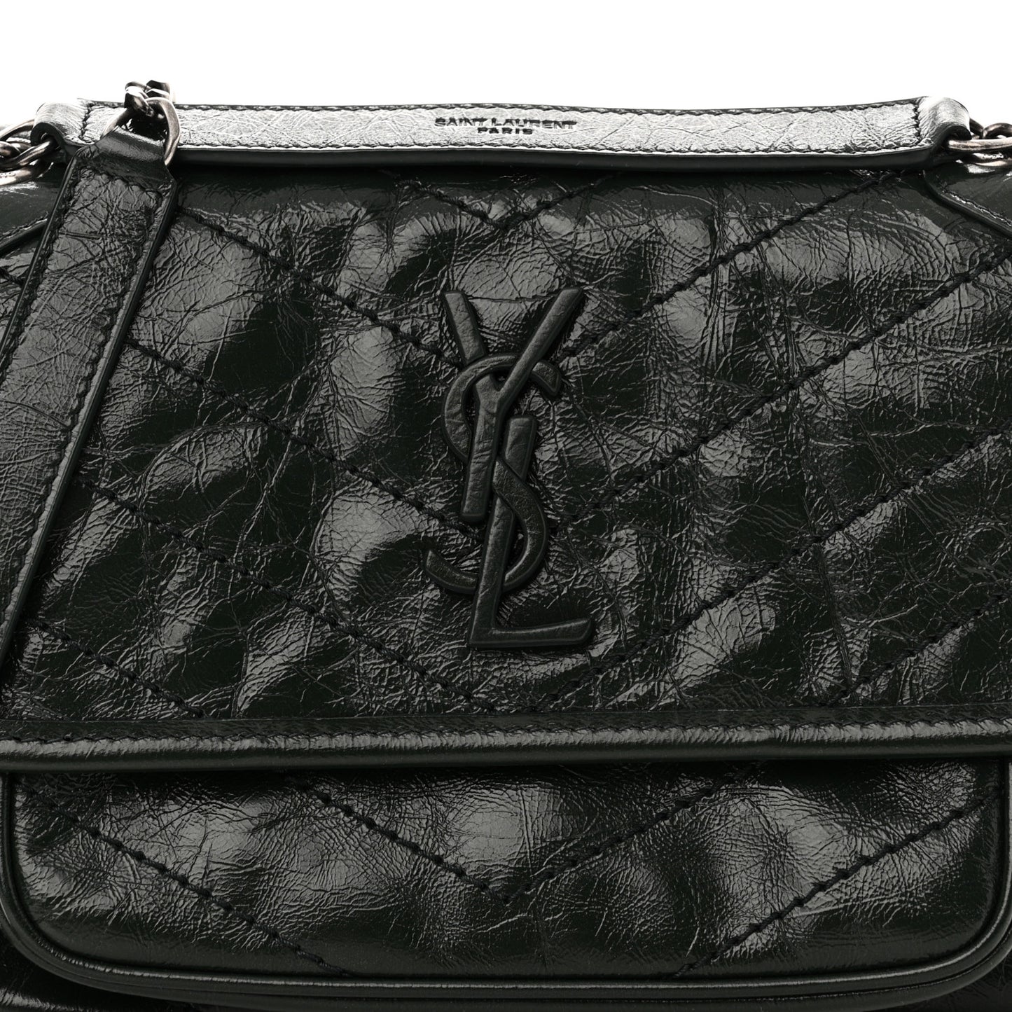 Crinkled Calfskin Matelasse Monogram Baby Niki Chain Satchel Dark Green