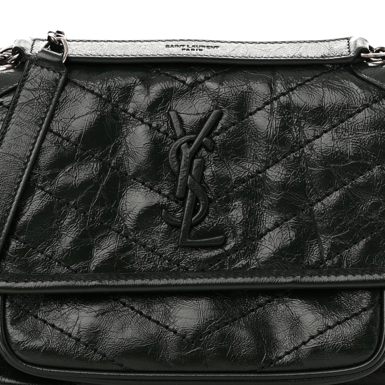 Saint Laurent Crinkled Calfskin Matelasse Monogram Baby Niki Chain Satchel Dark Green 8 of 10