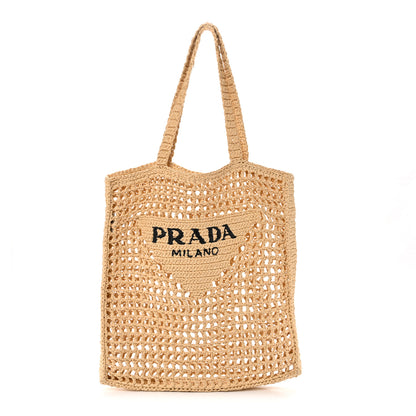 Prada Yarn Raffia Effect Crochet Logo Embroidered Tote Bag Naturale 1 of 11