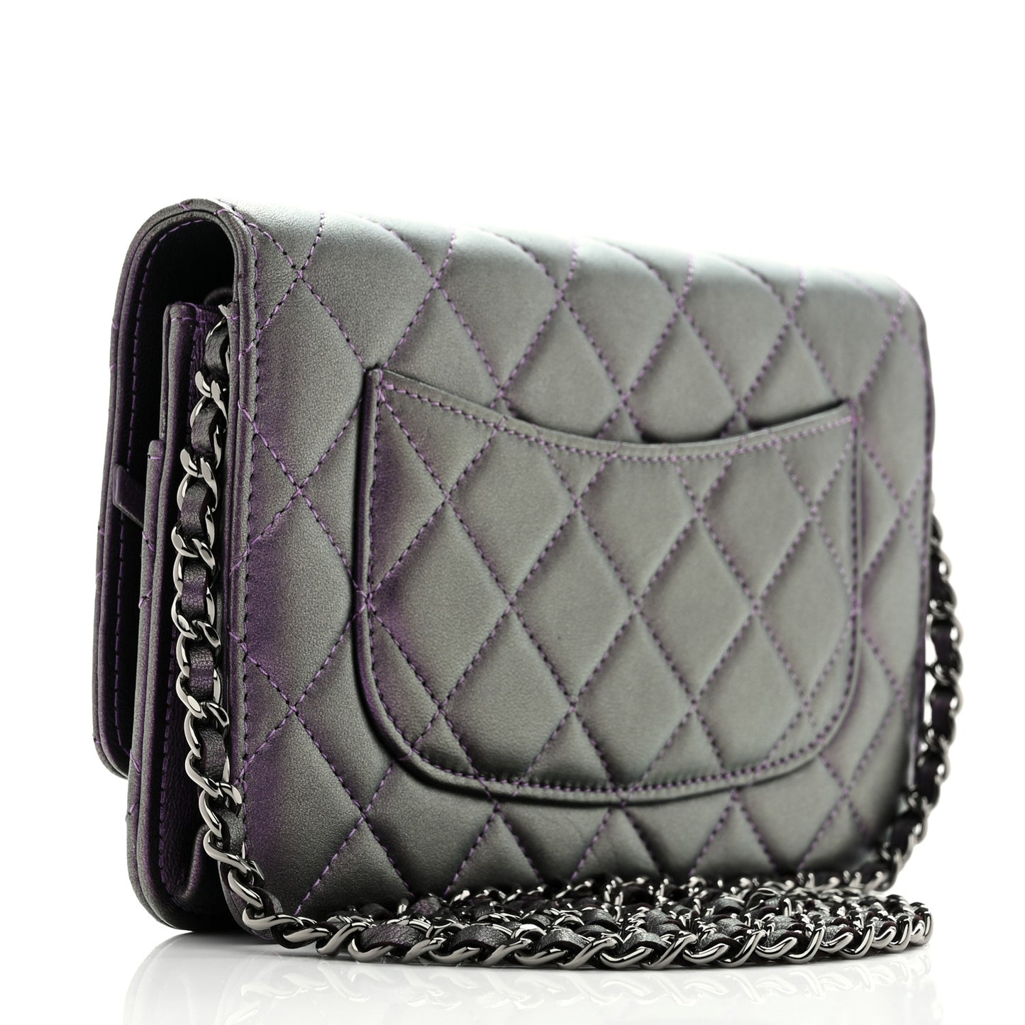 Iridescent Lambskin Quilted Wallet On Chain WOC Dark Purple