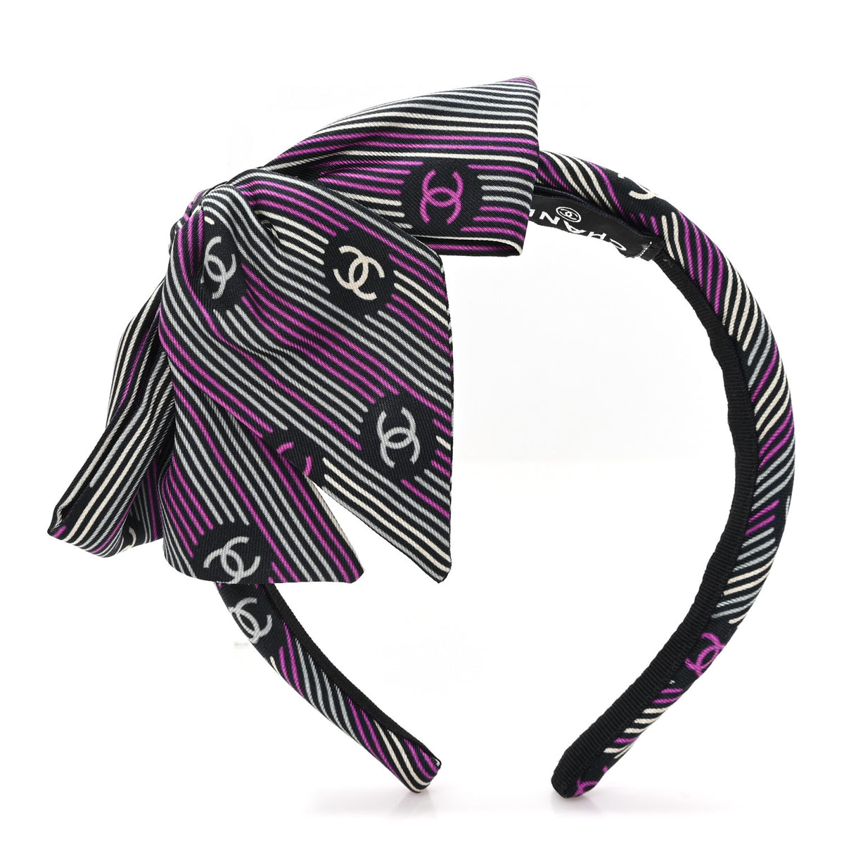 Silk Striped Bow CC Headband Black Fuchsia Grey Ecru