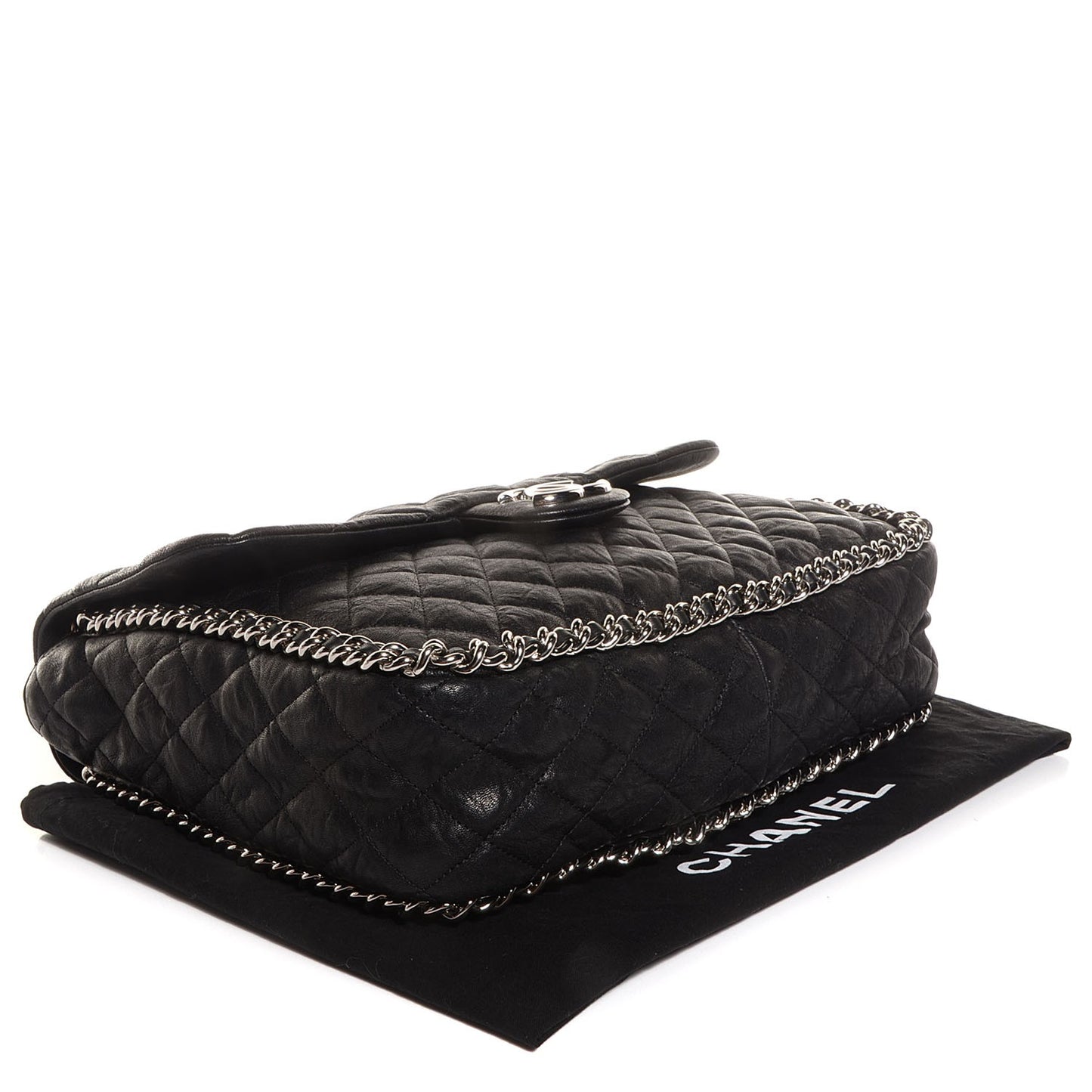 Crumpled Lambskin Chain Around Maxi Flap Bag Black