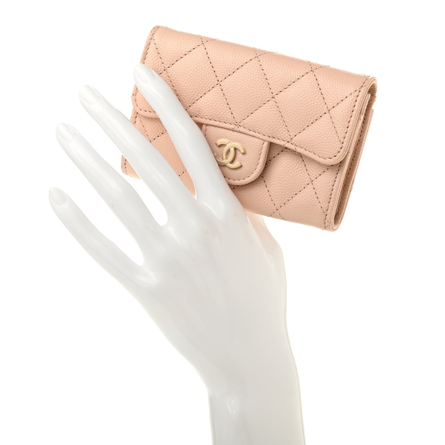 Caviar Quilted Flap Card Holder Wallet Beige