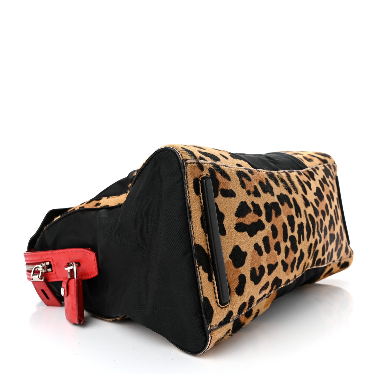 Prada Tessuto Cavallino Ostrich Leopard Print Tote Black Miele Rosso 4 of 11
