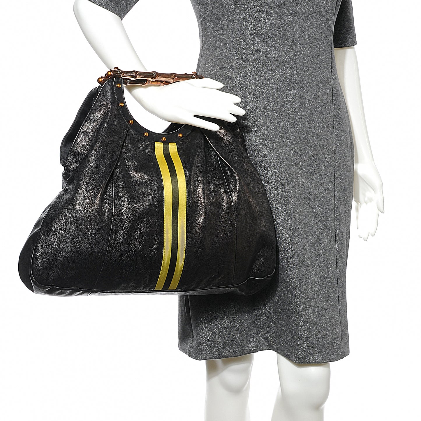 Leather Metal Bamboo Striped Tote Black