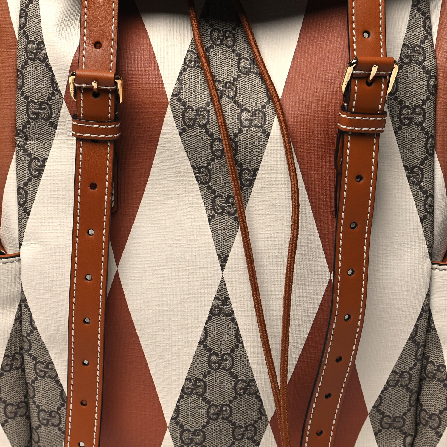Gucci GG Supreme Monogram Calfskin Rhombus Print Medium Ophidia Double Buckle Backpack Beige Ebony Mystic White Hazel Brown 8 of 11