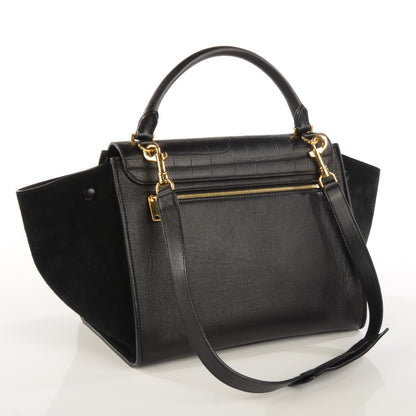 Celine Crocodile Embossed Calfskin Suede Medium Trapeze Black 3 of 10