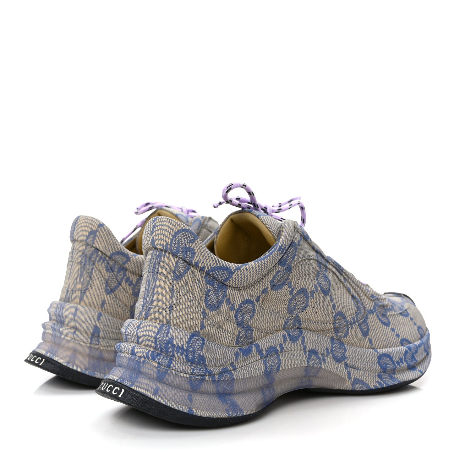 Ultralight Plume Calfskin Monogram Printed Womens Gucci Run Sneakers 37 Beige Blue